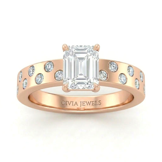 Rose Gold Emerald Diamond Scattered Engagement Ring With Flush Set Accent Band