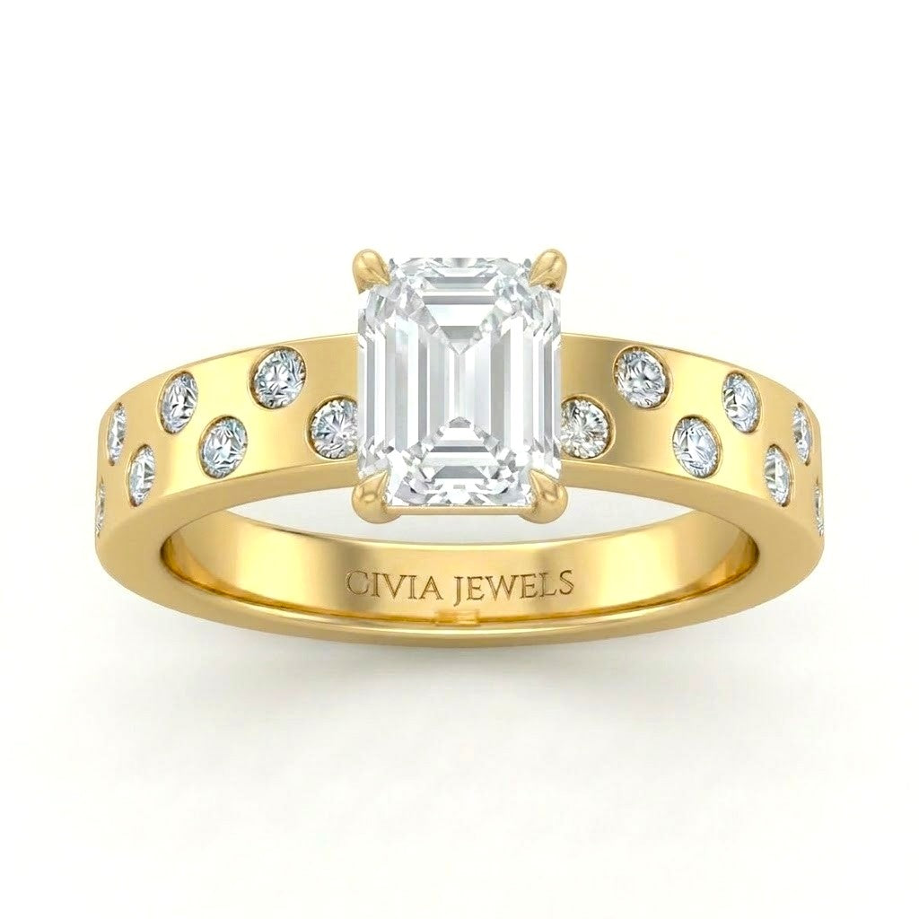 Yellow Gold Emerald Diamond Scattered Engagement Ring With Flush Set Accent Band