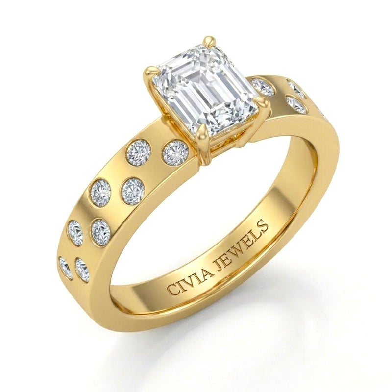 Yellow Gold Emerald Diamond Scattered Engagement Ring With Flush Set Accent Band