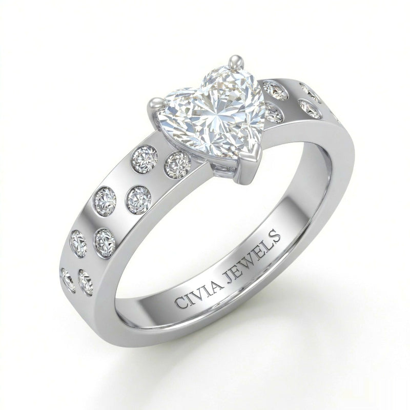 Silver Heart Diamond Scattered Engagement Ring With Flush Set Accent Band