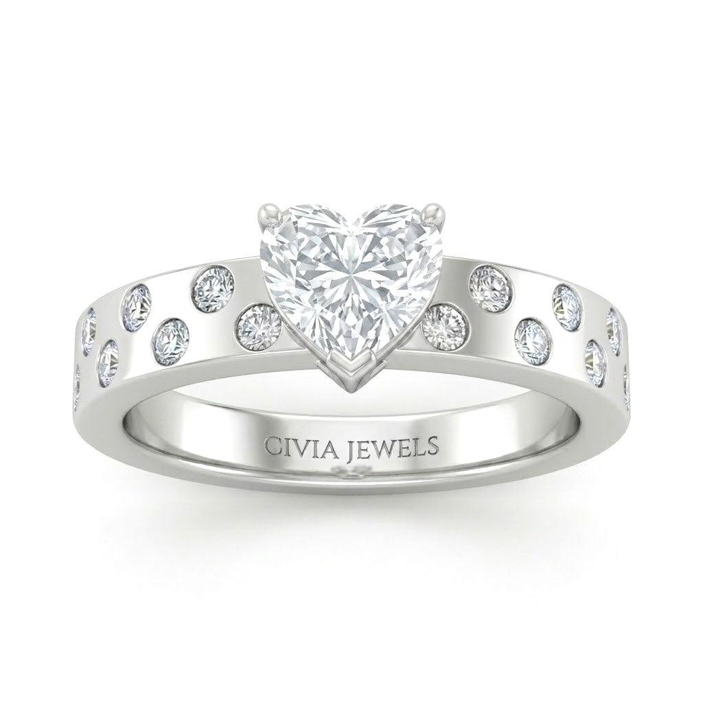 White Gold Heart Diamond Scattered Engagement Ring With Flush Set Accent Band