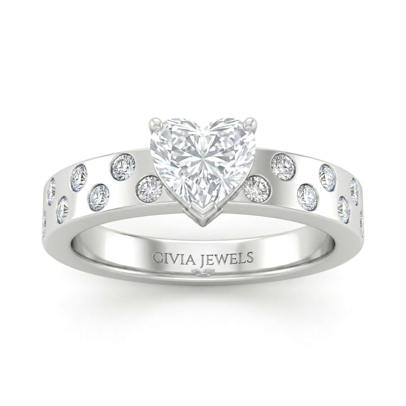 Silver Heart Diamond Scattered Engagement Ring With Flush Set Accent Band