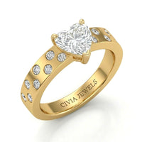 Yellow Gold Heart Diamond Scattered Engagement Ring With Flush Set Accent Band