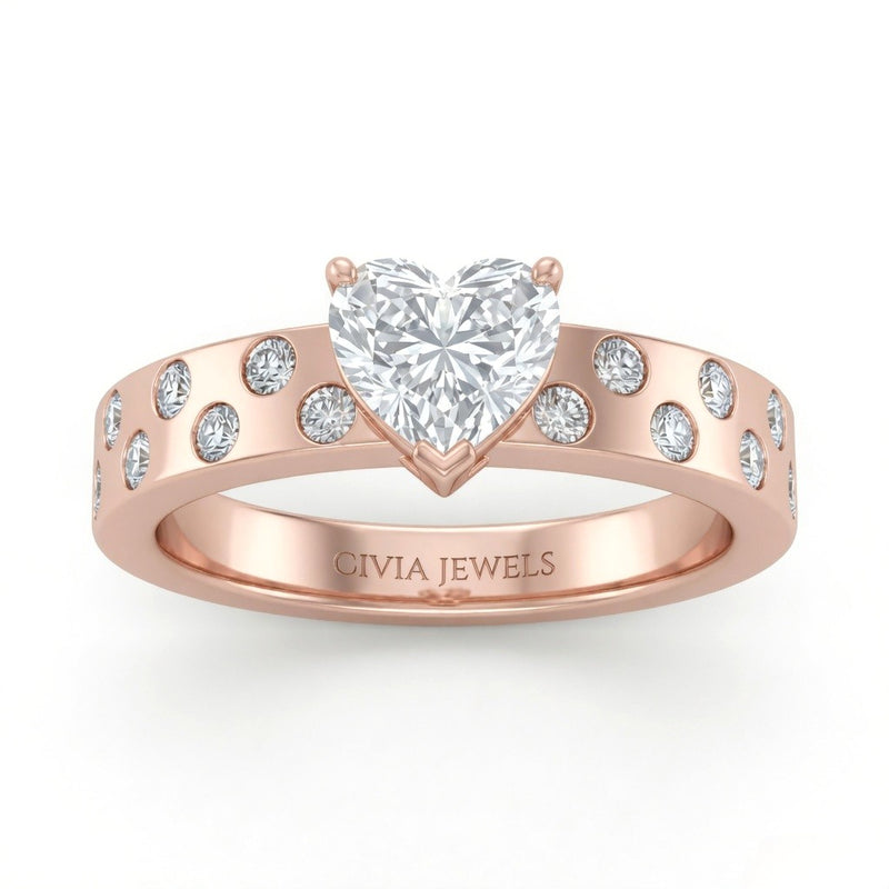 Rose Gold Heart Diamond Scattered Engagement Ring With Flush Set Accent Band
