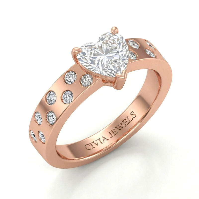 Rose Gold Heart Diamond Scattered Engagement Ring With Flush Set Accent Band