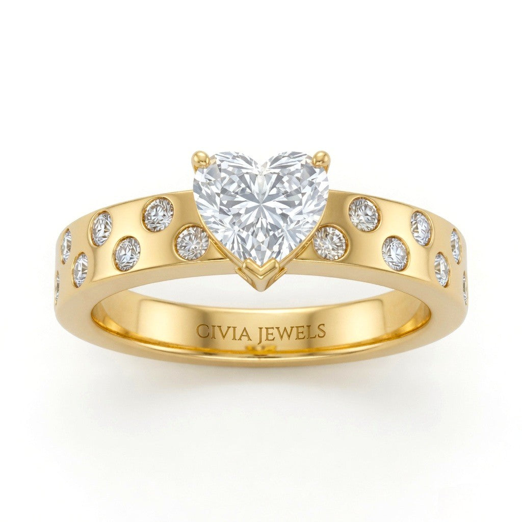 Yellow Gold Heart Diamond Scattered Engagement Ring With Flush Set Accent Band