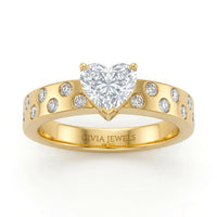 Yellow Gold Heart Diamond Scattered Engagement Ring With Flush Set Accent Band