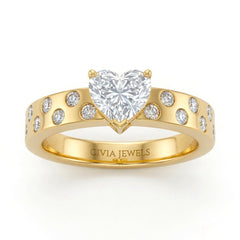 Yellow Gold Heart Diamond Scattered Engagement Ring With Flush Set Accent Band