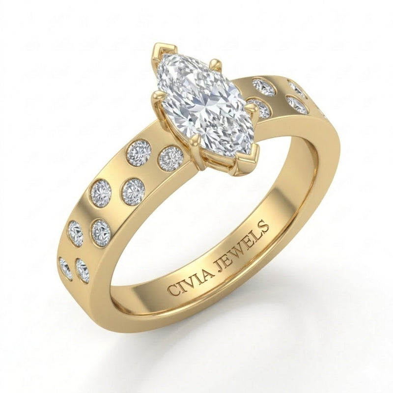 Yellow Gold Marquise Diamond Scattered Engagement Ring With Flush Set Accent Band
