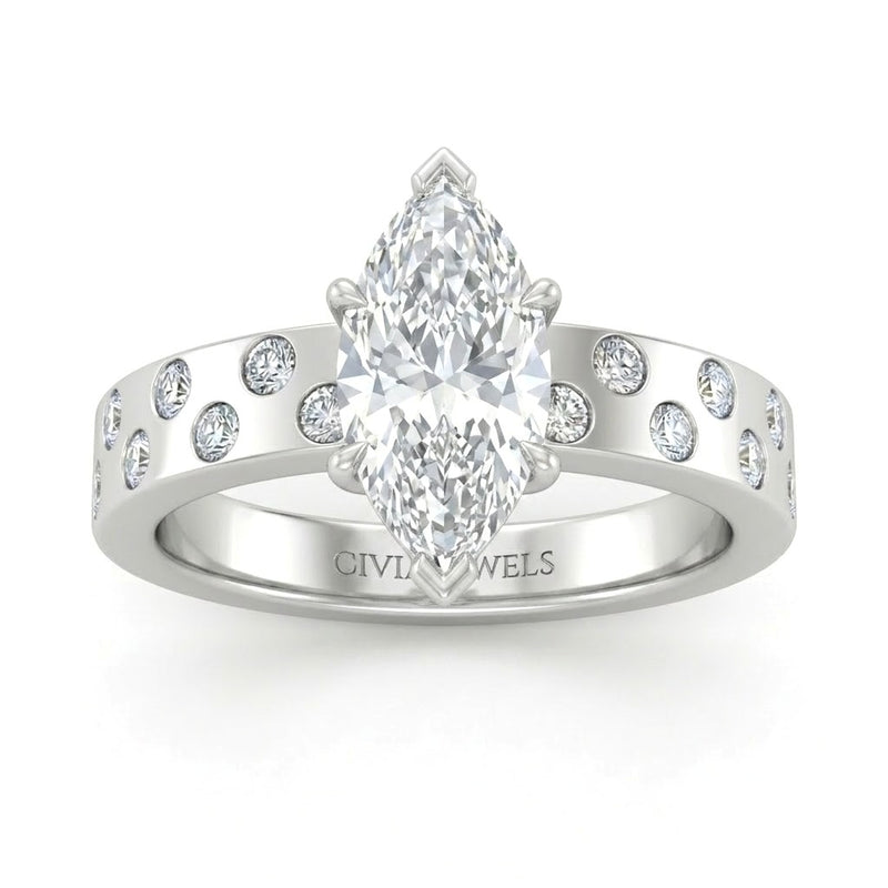 White Gold Marquise Diamond Scattered Engagement Ring With Flush Set Accent Band