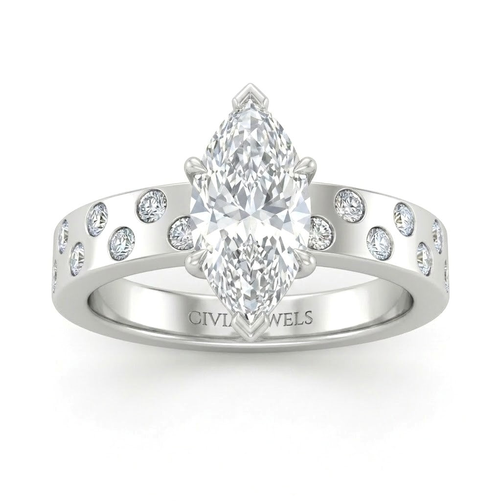 Silver Marquise Diamond Scattered Engagement Ring With Flush Set Accent Band