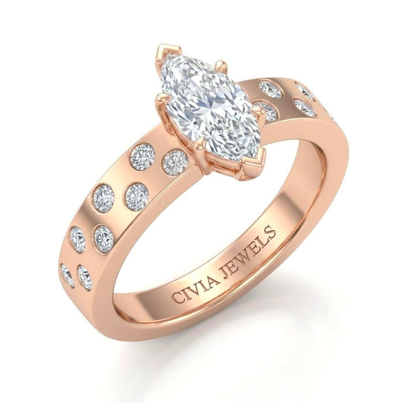 Rose Gold Marquise Diamond Scattered Engagement Ring With Flush Set Accent Band