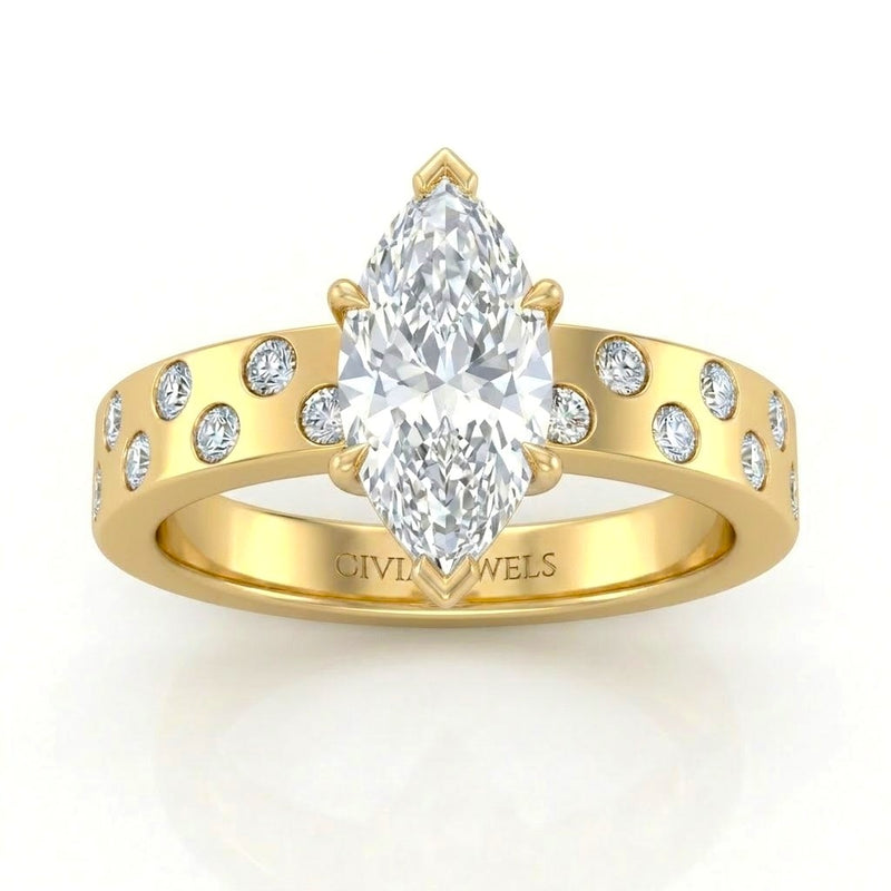 Yellow Gold Marquise Diamond Scattered Engagement Ring With Flush Set Accent Band