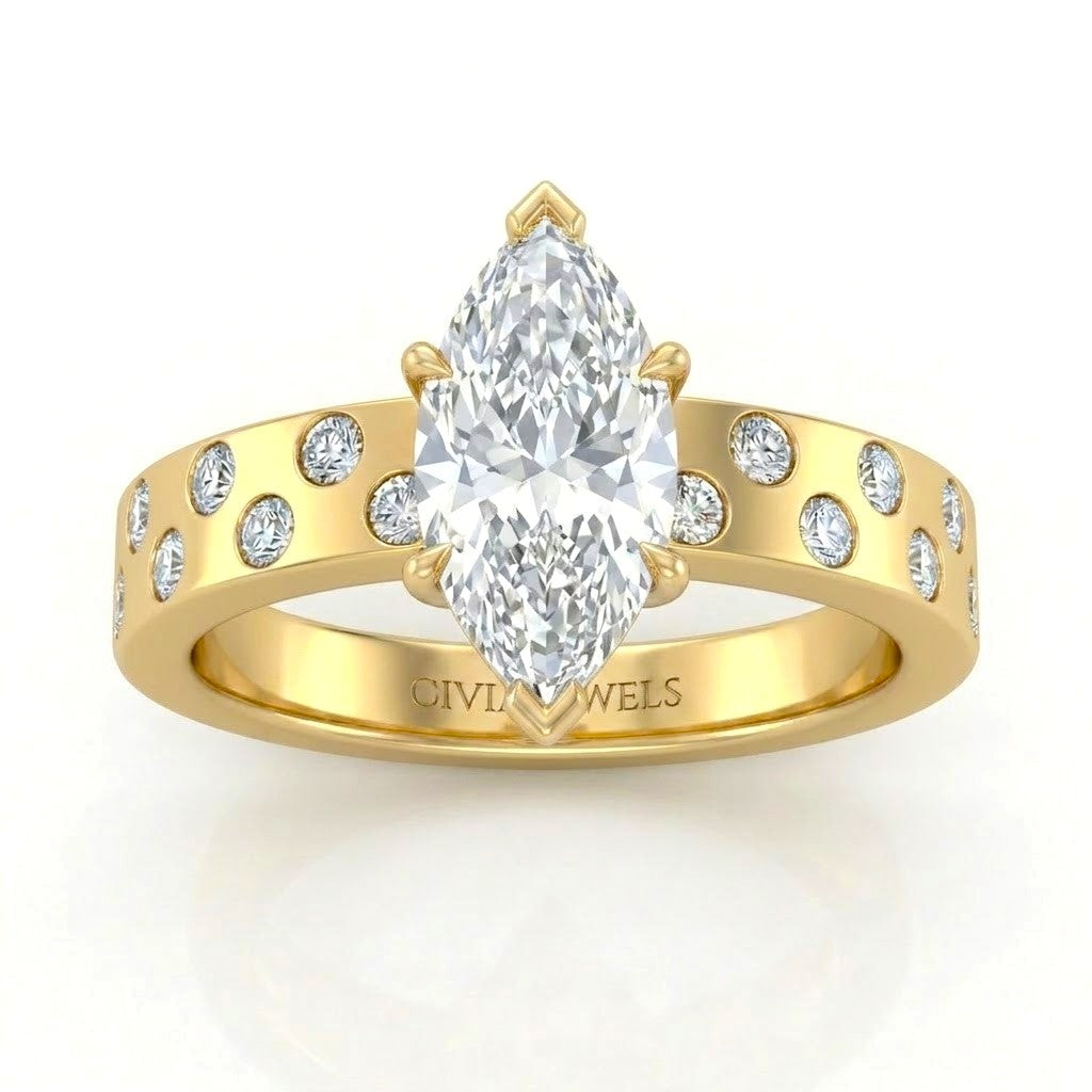 Yellow Gold Marquise Diamond Scattered Engagement Ring With Flush Set Accent Band