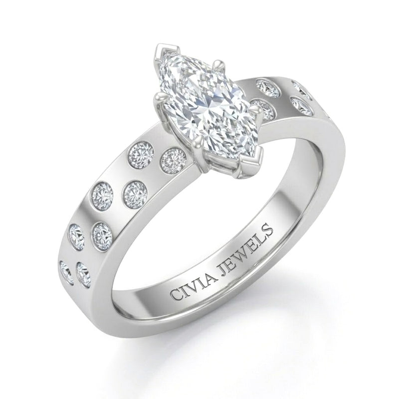 White Gold Marquise Diamond Scattered Engagement Ring With Flush Set Accent Band