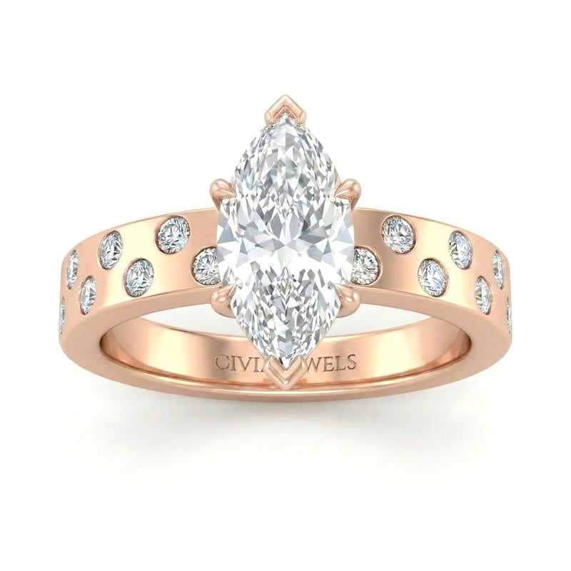 Rose Gold Marquise Diamond Scattered Engagement Ring With Flush Set Accent Band