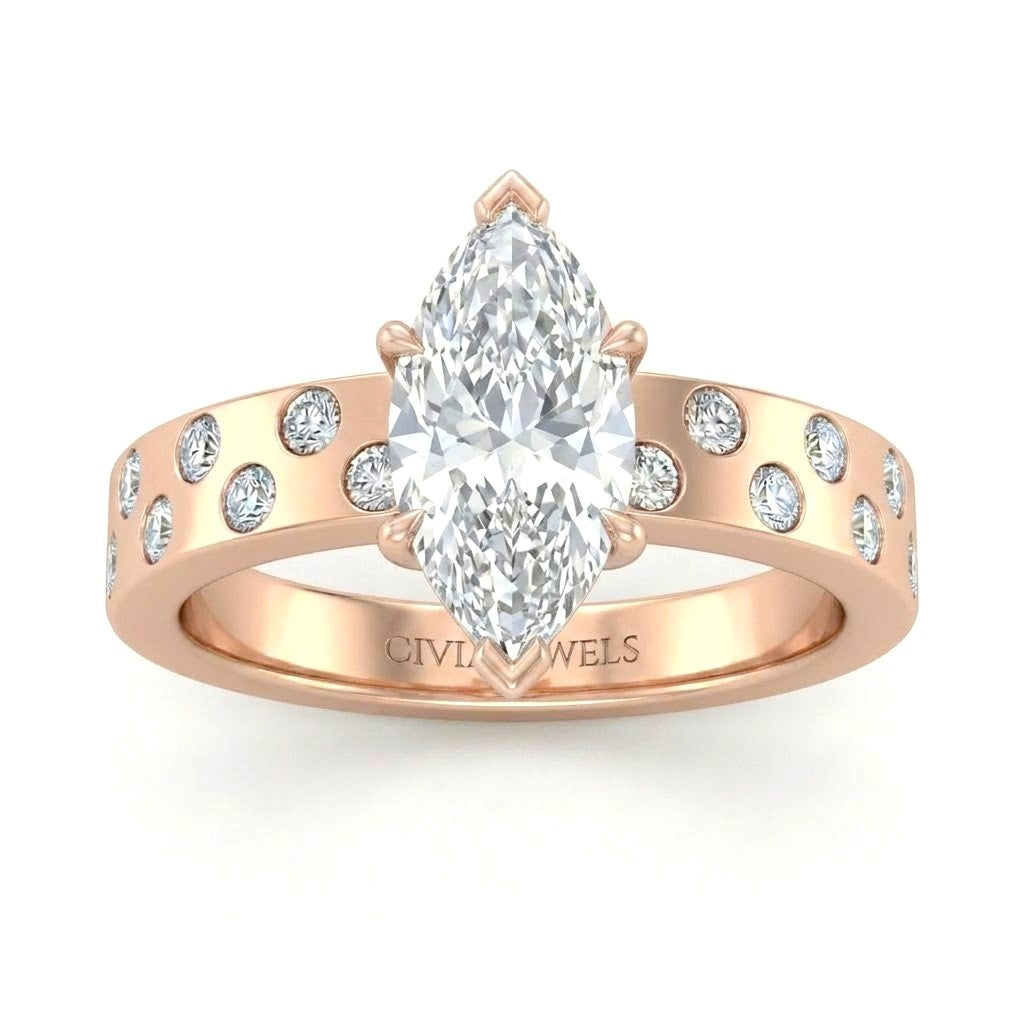 Rose Gold Marquise Diamond Scattered Engagement Ring With Flush Set Accent Band