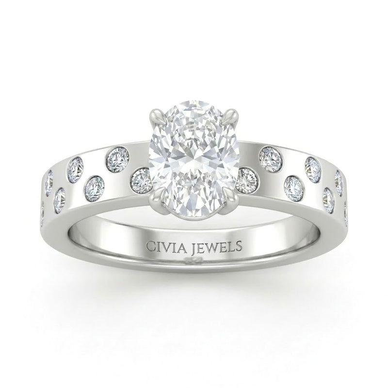White Gold Oval Diamond Scattered Engagement Ring With Flush Set Accent Band