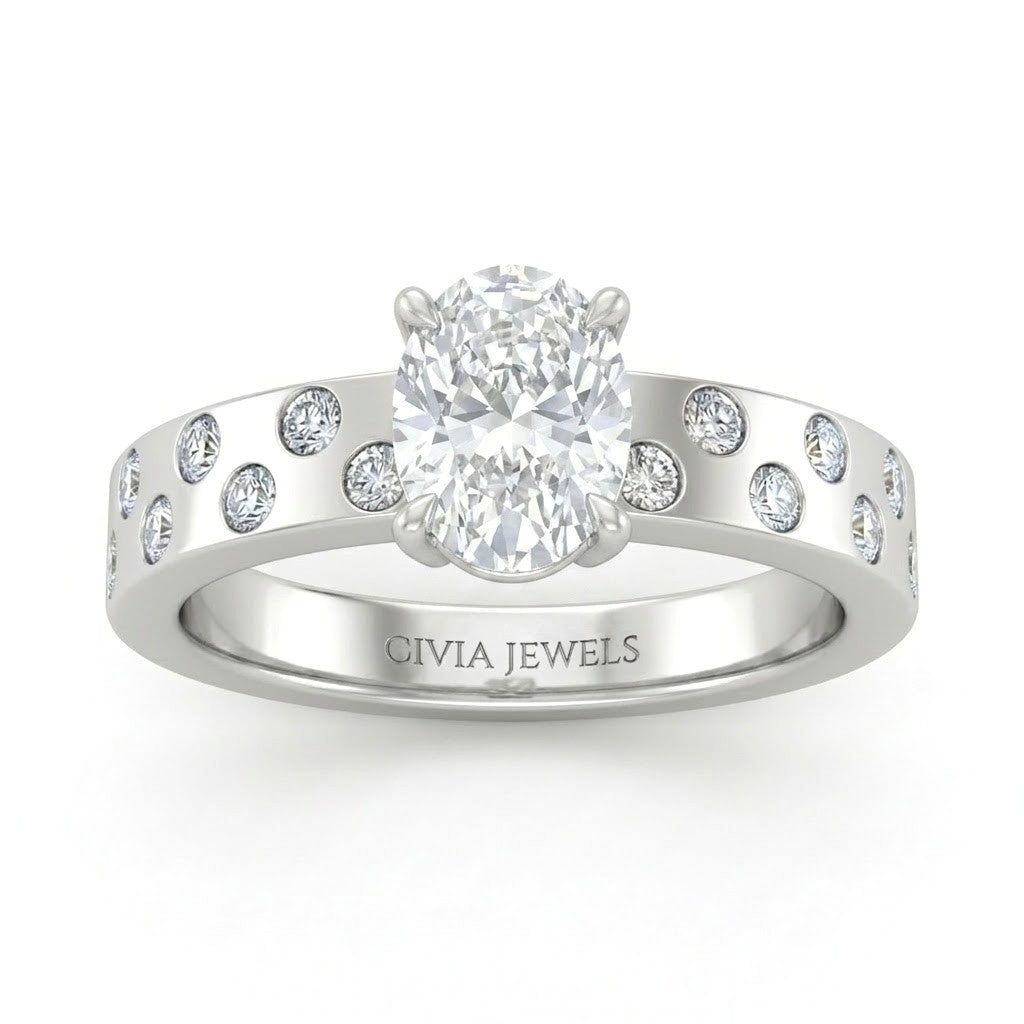 Silver Oval Diamond Scattered Engagement Ring With Flush Set Accent Band
