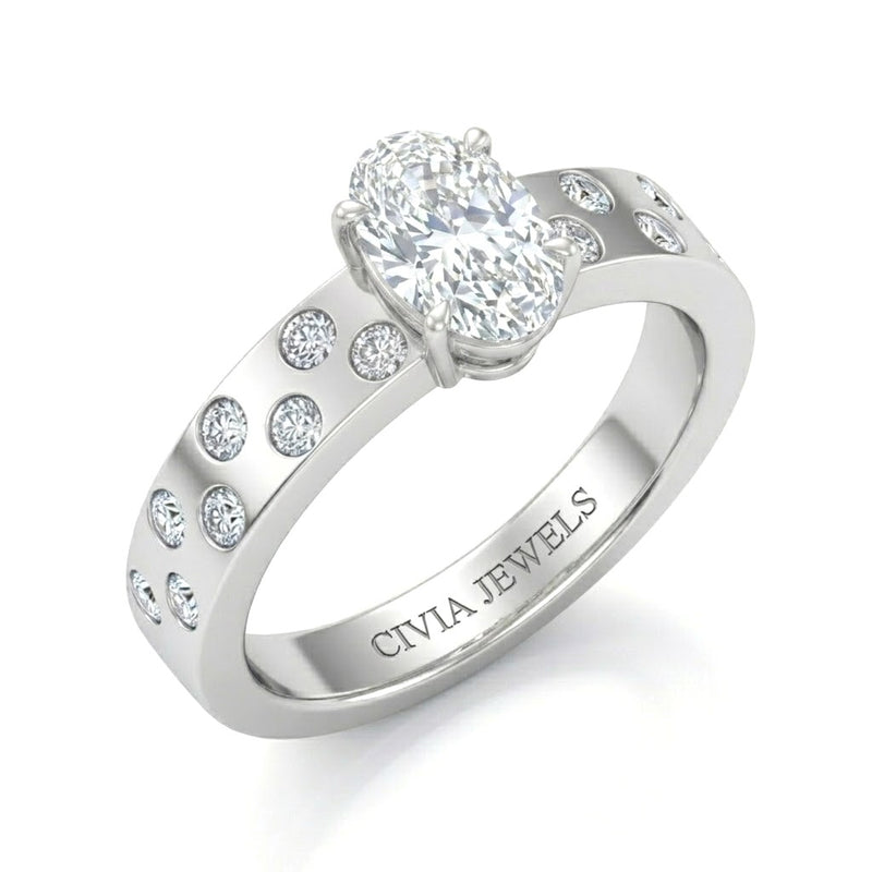 Silver Oval Diamond Scattered Engagement Ring With Flush Set Accent Band