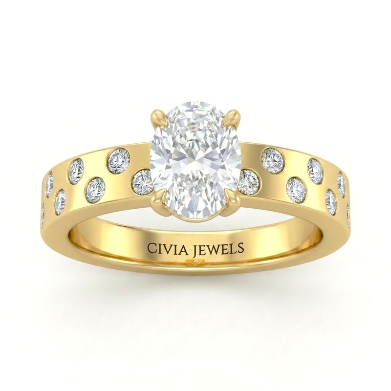 Yellow Gold Oval Diamond Scattered Engagement Ring With Flush Set Accent Band