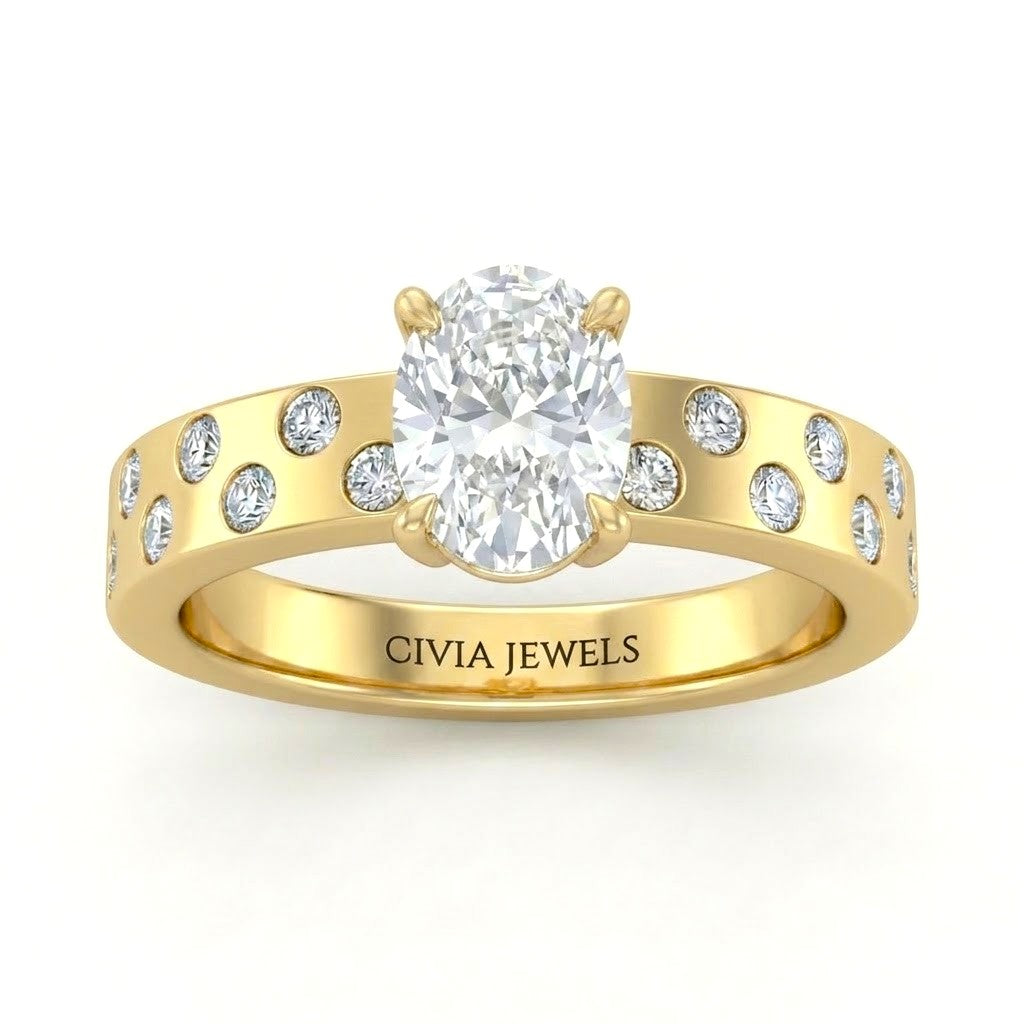 Yellow Gold Oval Diamond Scattered Engagement Ring With Flush Set Accent Band