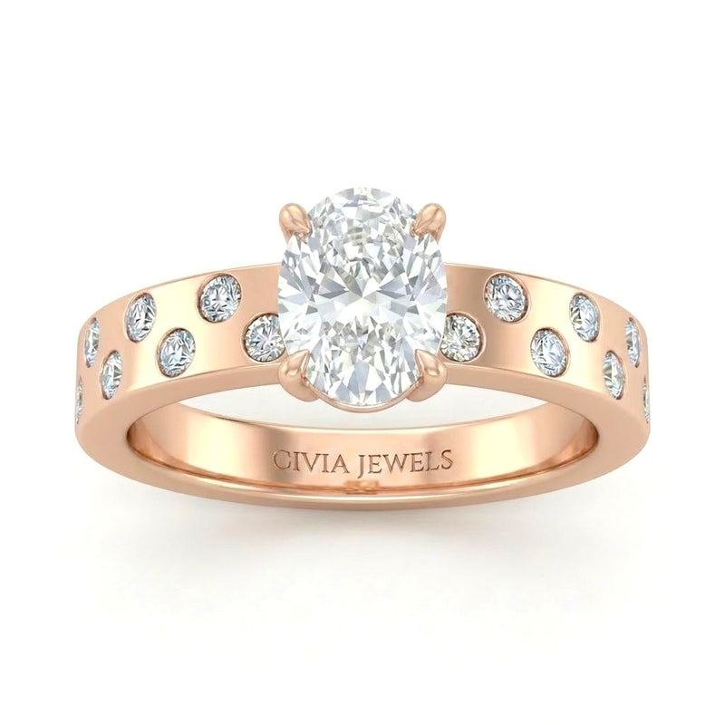 Rose Gold Oval Diamond Scattered Engagement Ring With Flush Set Accent Band