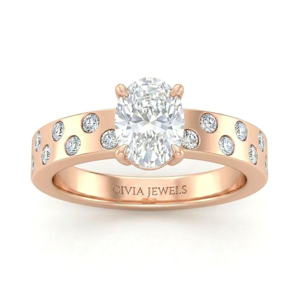 Rose Gold Oval Diamond Scattered Engagement Ring With Flush Set Accent Band