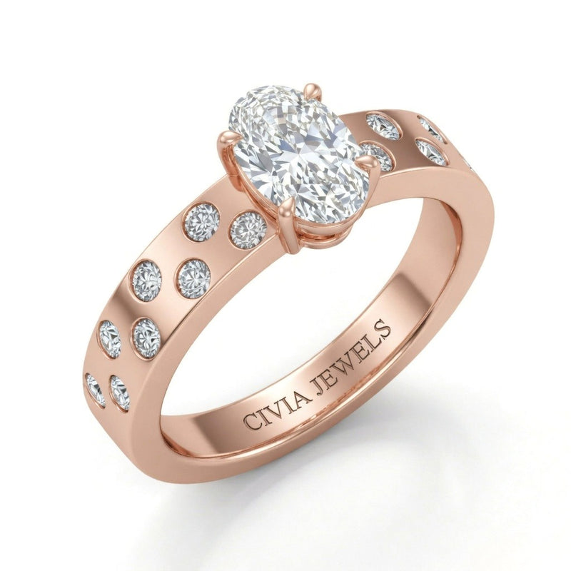 Rose Gold Oval Diamond Scattered Engagement Ring With Flush Set Accent Band