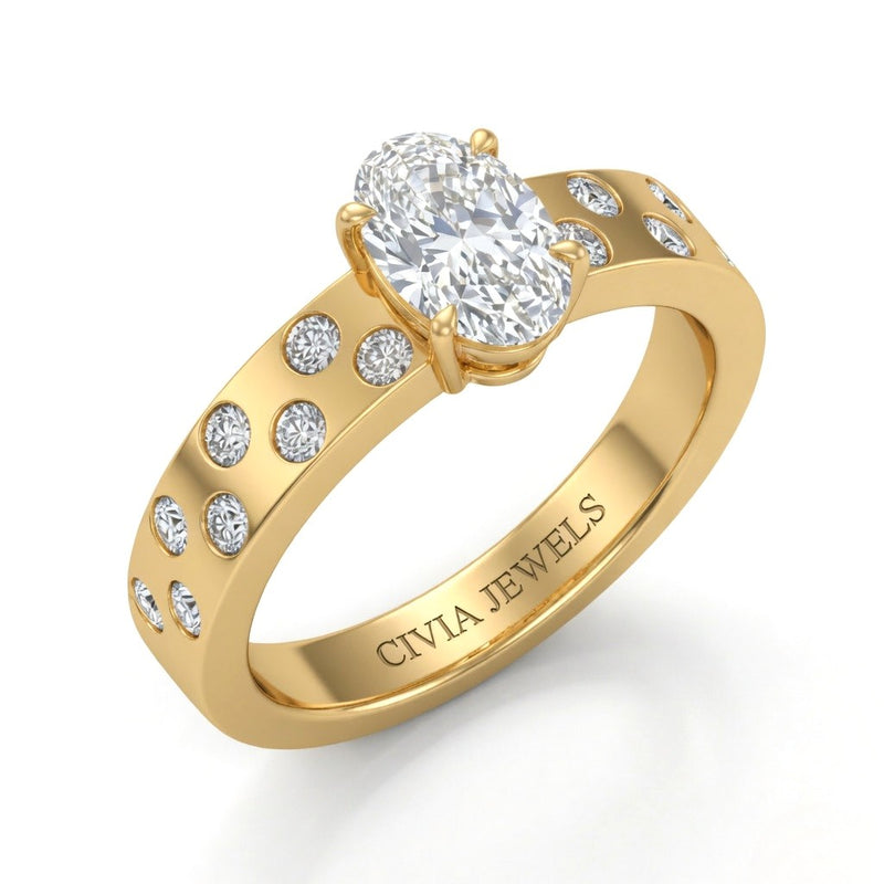 Yellow Gold Oval Diamond Scattered Engagement Ring With Flush Set Accent Band