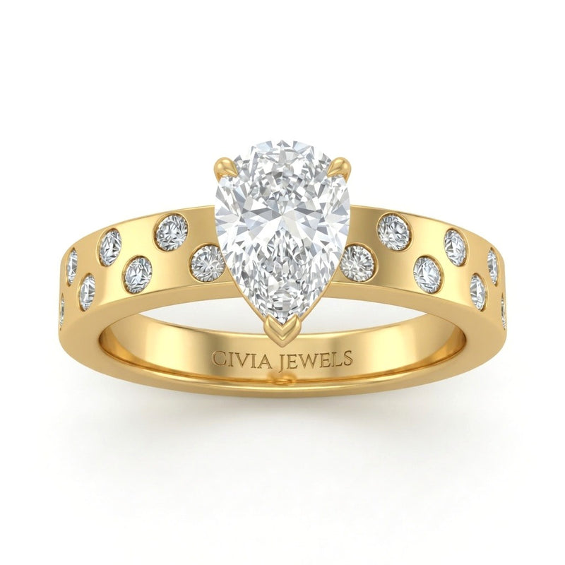 Yellow Gold Pear Diamond Scattered Engagement Ring With Flush Set Accent Band