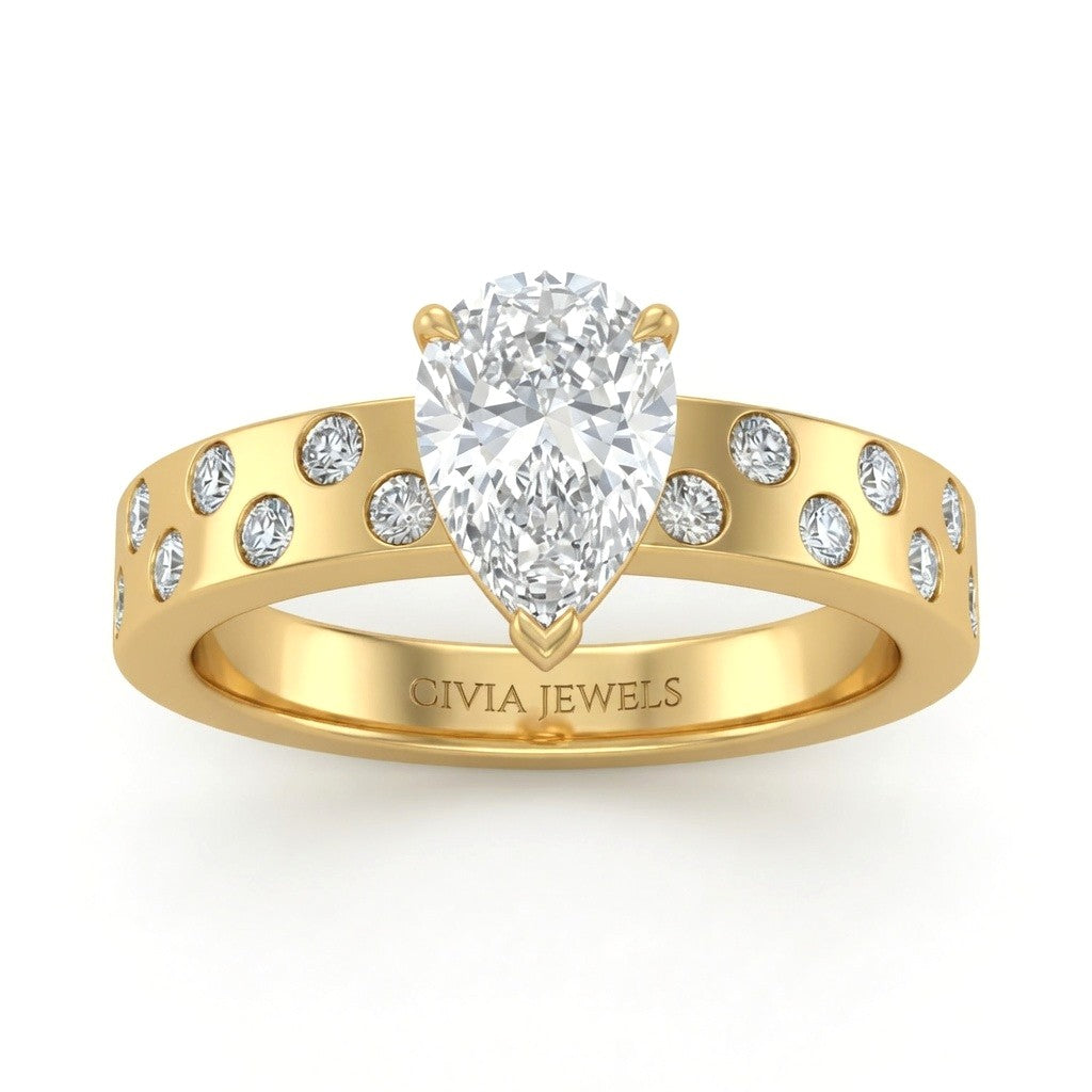 Yellow Gold Pear Diamond Scattered Engagement Ring With Flush Set Accent Band