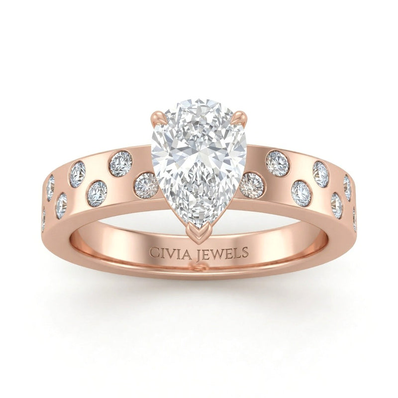 Rose Gold Pear Diamond Scattered Engagement Ring With Flush Set Accent Band