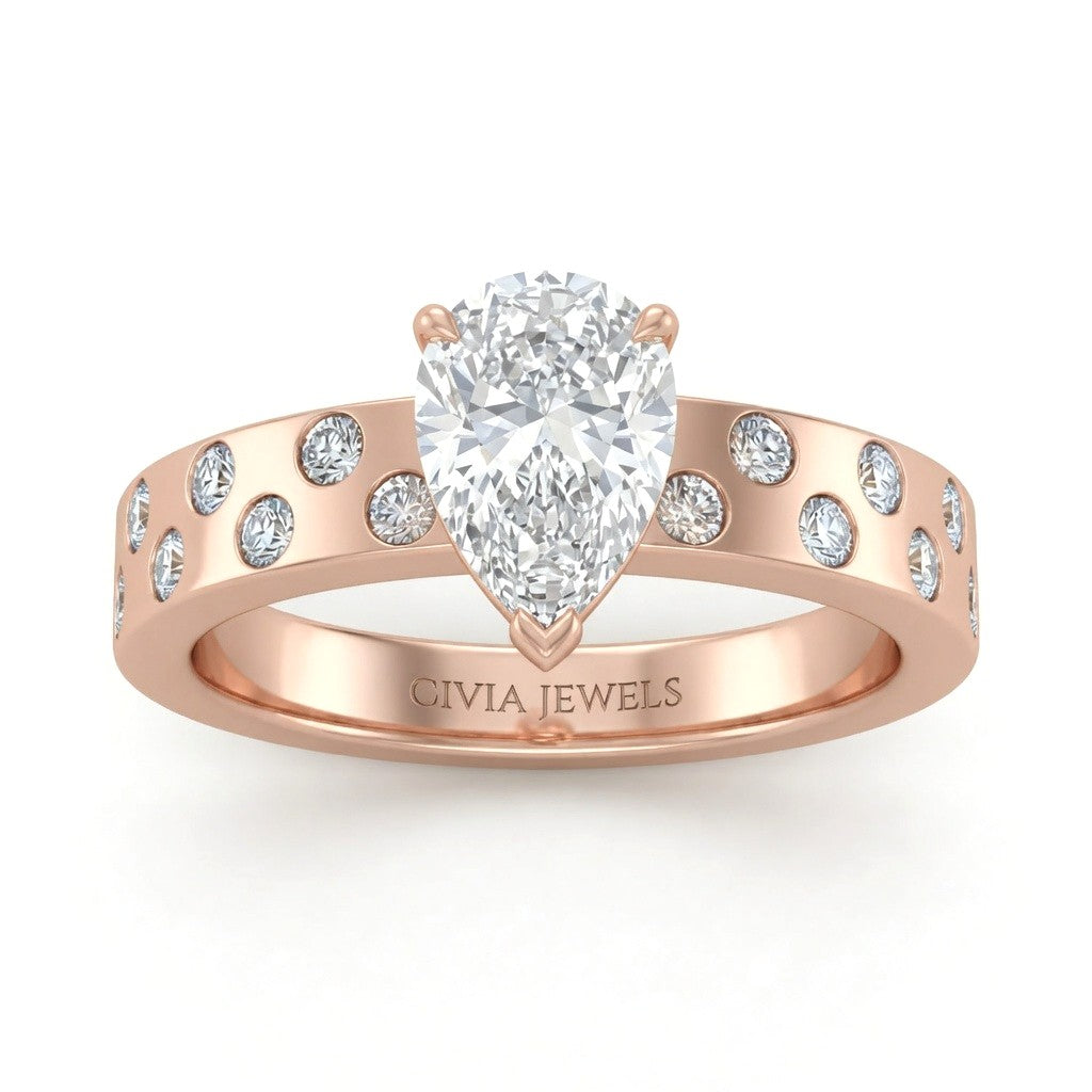 Rose Gold Pear Diamond Scattered Engagement Ring With Flush Set Accent Band