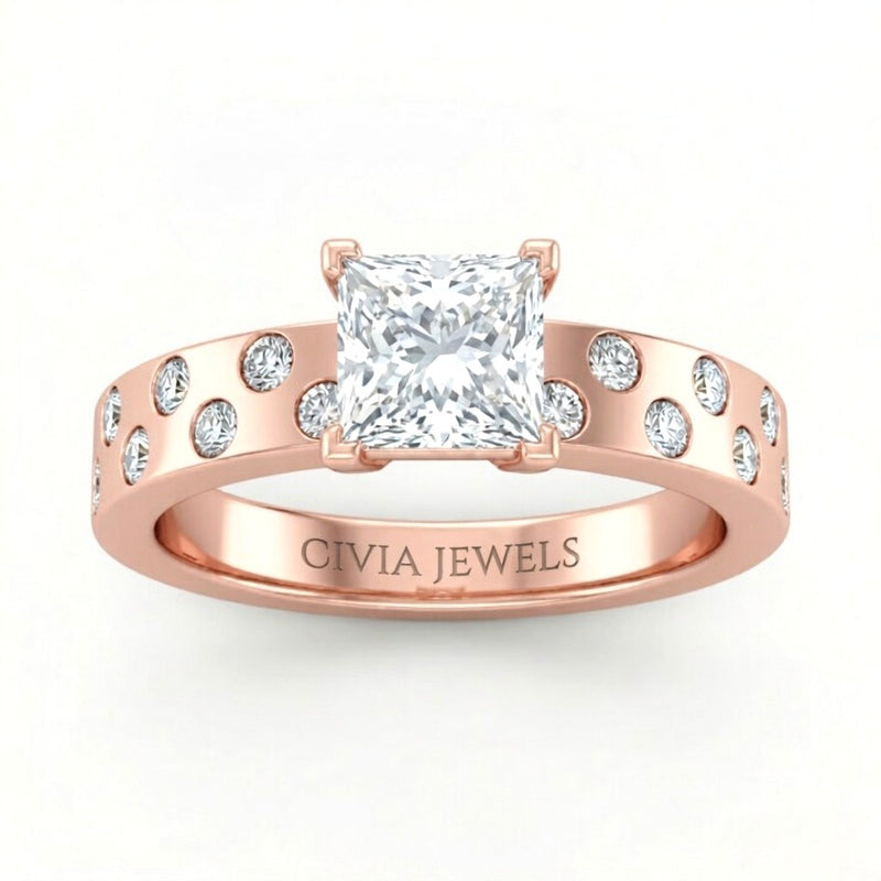Rose Gold Princess Diamond Scattered Engagement Ring With Flush Set Accent Band