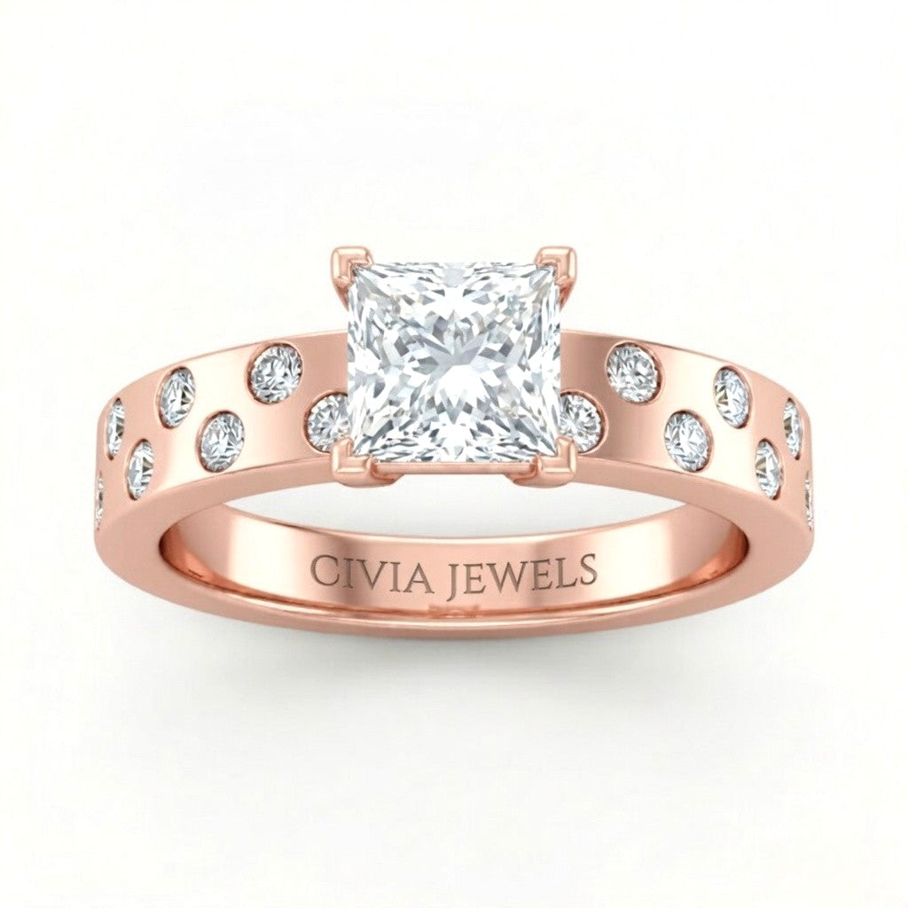 Rose Gold Princess Diamond Scattered Engagement Ring With Flush Set Accent Band