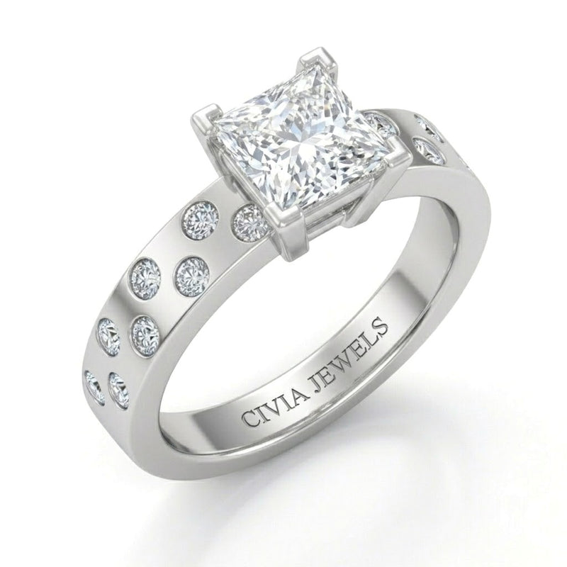 White Gold Princess Diamond Scattered Engagement Ring With Flush Set Accent Band