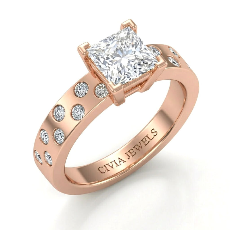 Rose Gold Princess Diamond Scattered Engagement Ring With Flush Set Accent Band