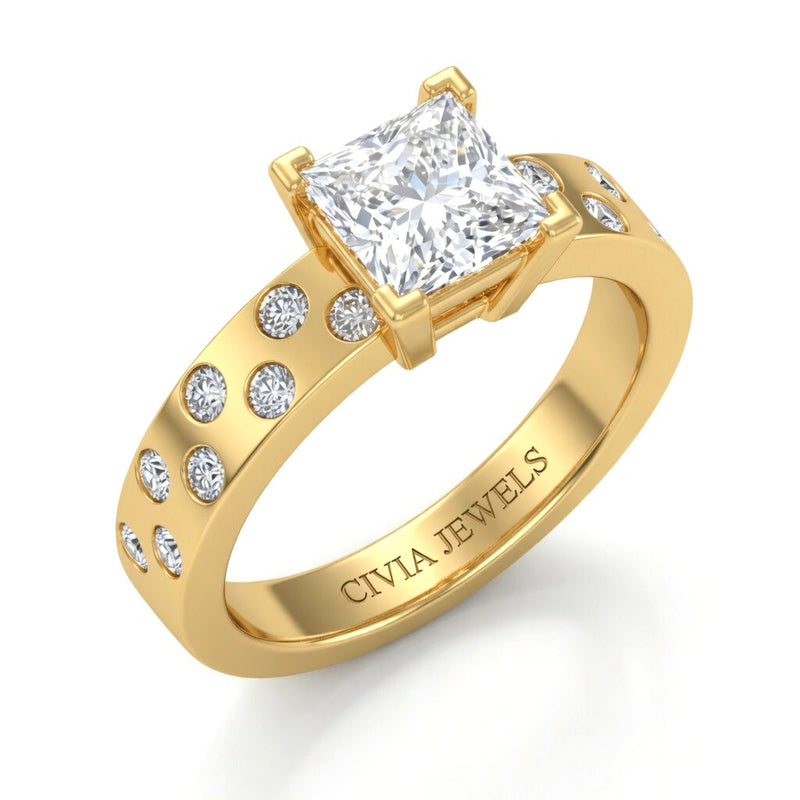 Yellow Gold Princess Diamond Scattered Engagement Ring With Flush Set Accent Band