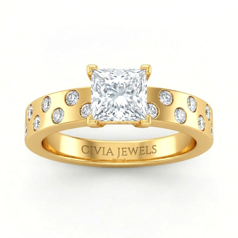 Yellow Gold Princess Diamond Scattered Engagement Ring With Flush Set Accent Band