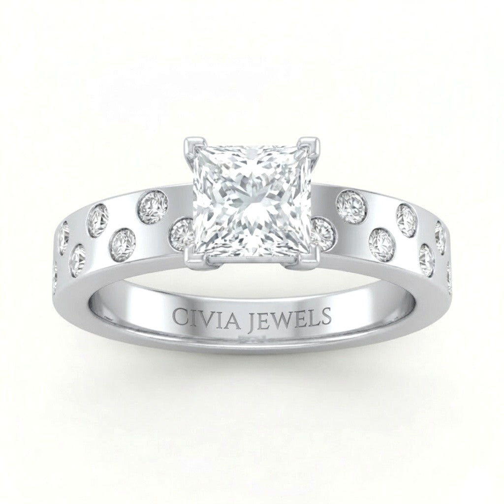 White Gold Princess Diamond Scattered Engagement Ring With Flush Set Accent Band