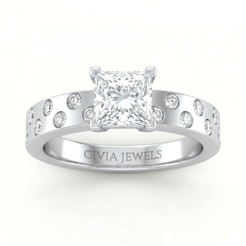 Silver Princess Diamond Scattered Engagement Ring With Flush Set Accent Band