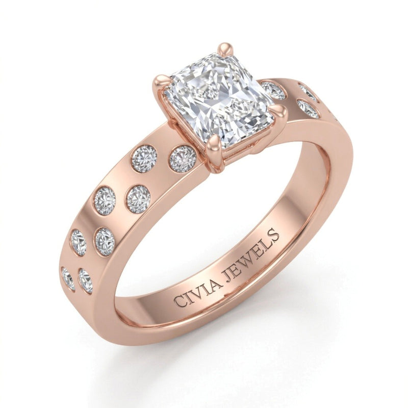 Rose Gold Radiant Diamond Scattered Engagement Ring With Flush Set Accent Band