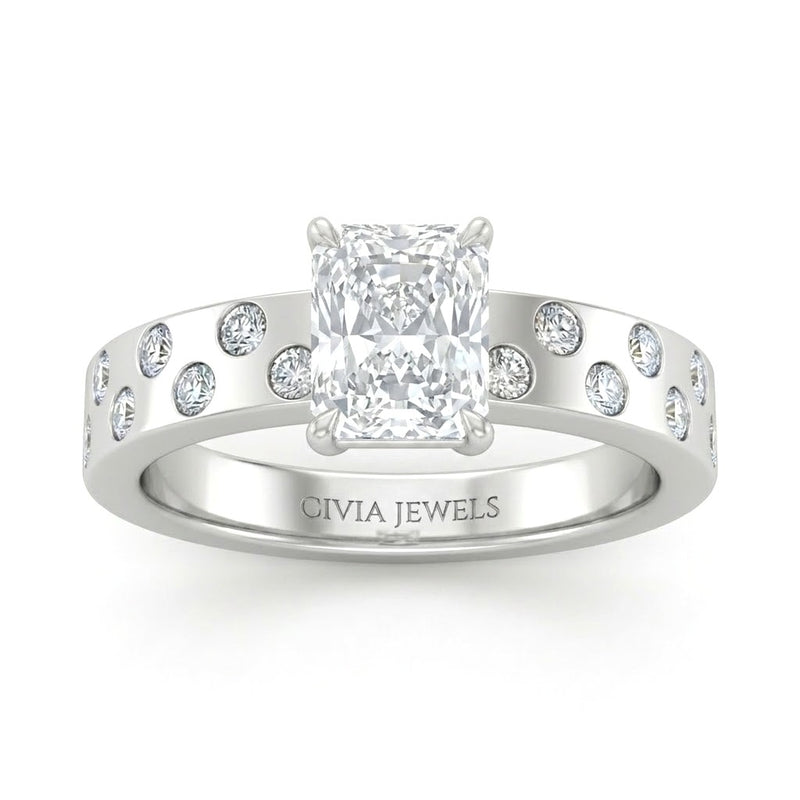 Silver Radiant Diamond Scattered Engagement Ring With Flush Set Accent Band