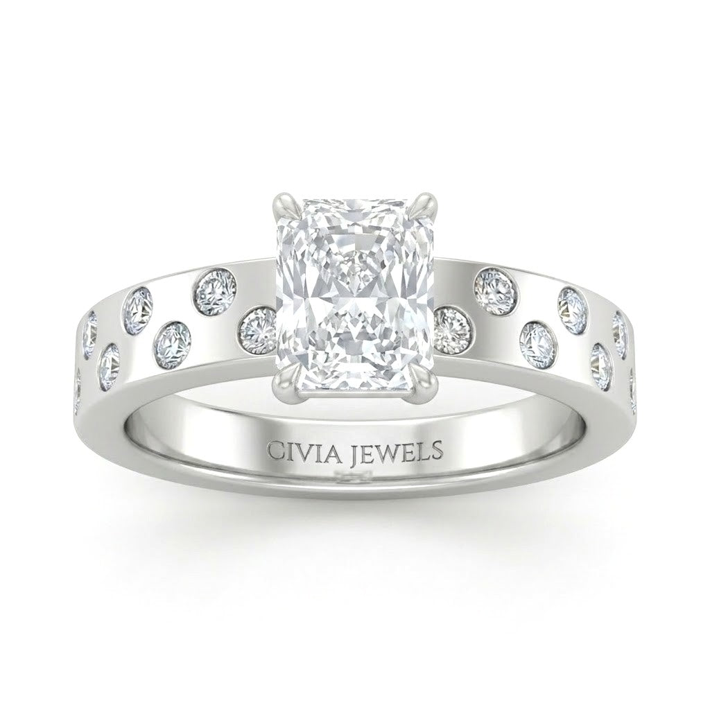 White Gold Radiant Diamond Scattered Engagement Ring With Flush Set Accent Band