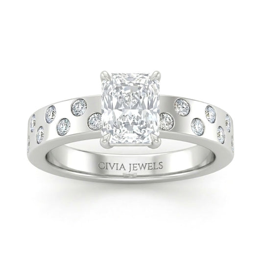 White Gold Radiant Diamond Scattered Engagement Ring With Flush Set Accent Band