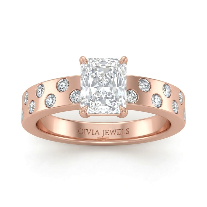Rose Gold Radiant Diamond Scattered Engagement Ring With Flush Set Accent Band
