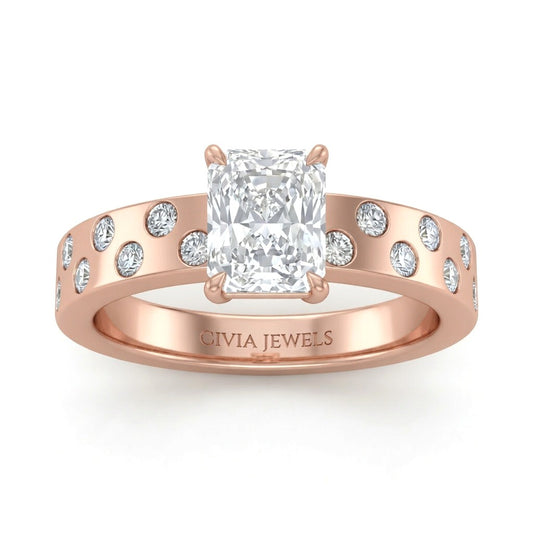Rose Gold Radiant Diamond Scattered Engagement Ring With Flush Set Accent Band