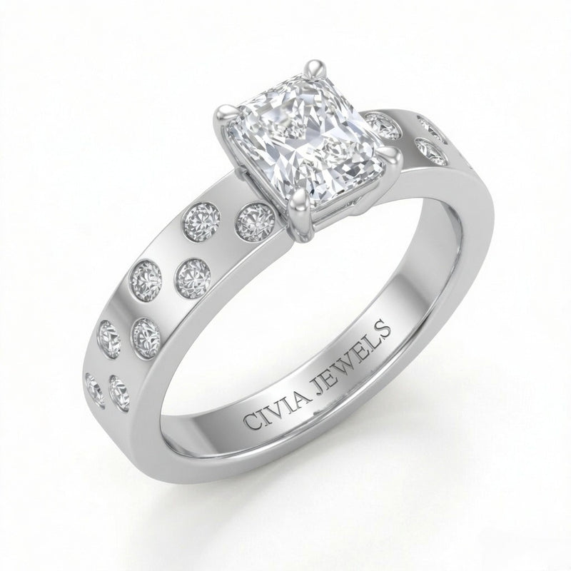 Silver Radiant Diamond Scattered Engagement Ring With Flush Set Accent Band
