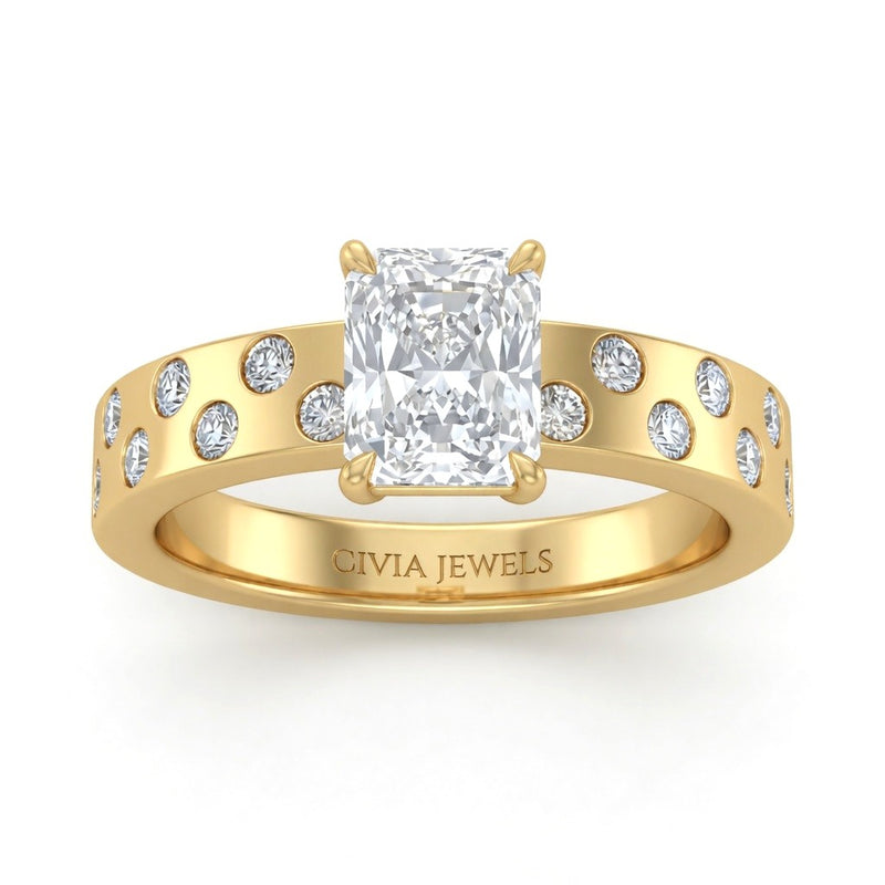 Yellow Gold Radiant Diamond Scattered Engagement Ring With Flush Set Accent Band